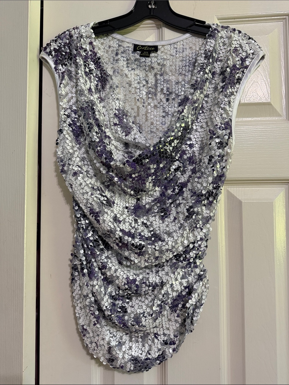 Cortise Silver Sequin Cowl Neck Women’s Top - Lavender Accents